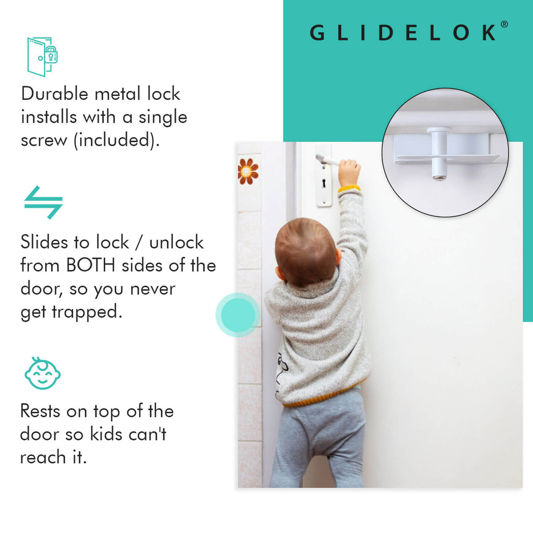 GlideLok Child Safety Lock for Doors | Child Proof Door Lock System